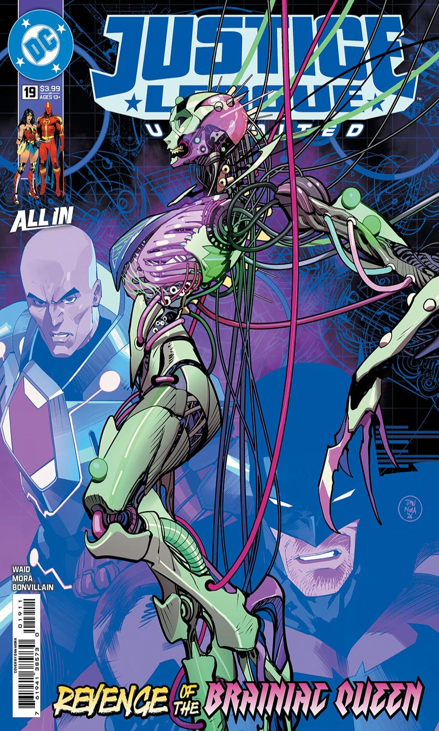 Comic book cover featuring characters from 'Justice League' with a prominent alien figure.