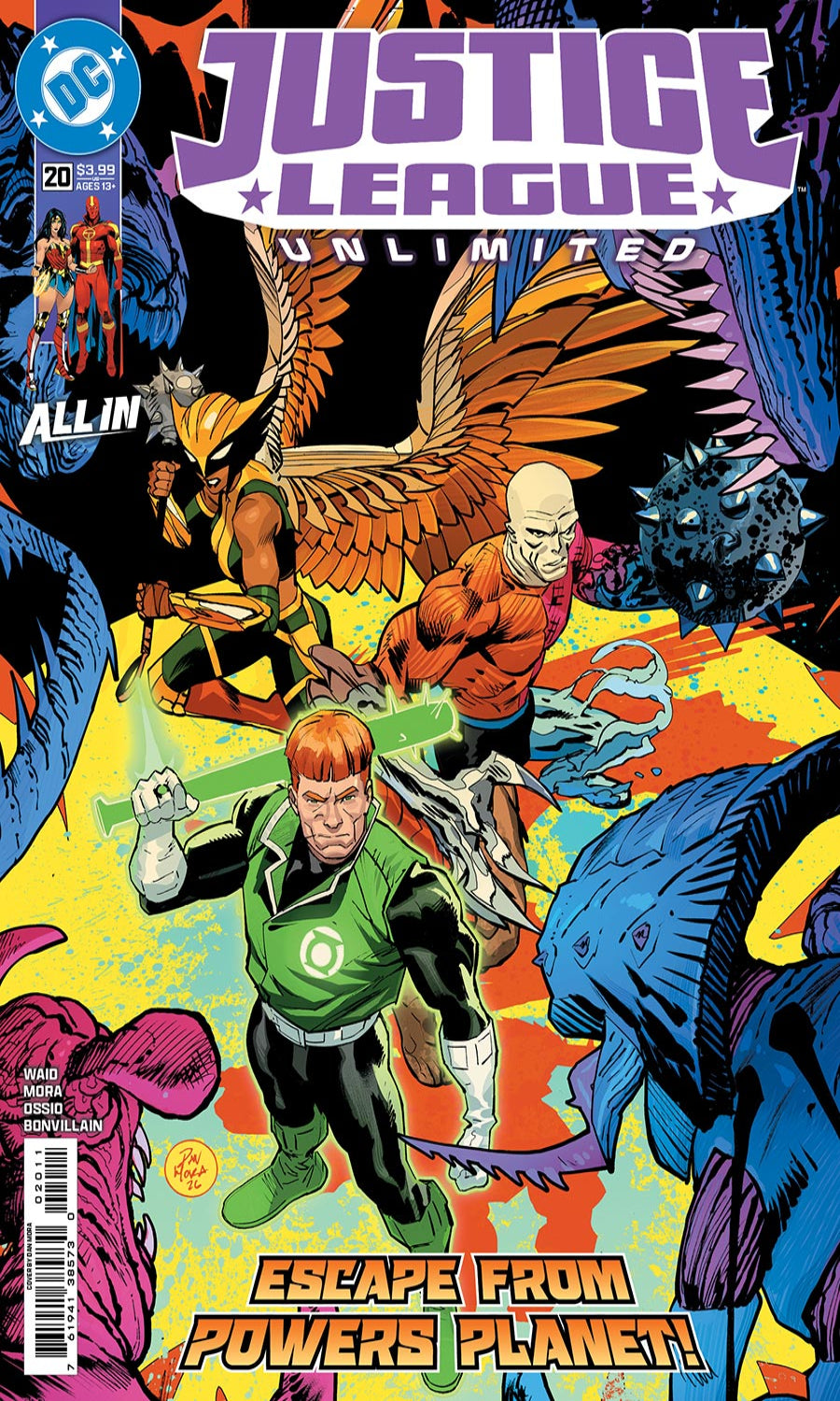Comic book cover featuring Justice League Unlimited with colorful background