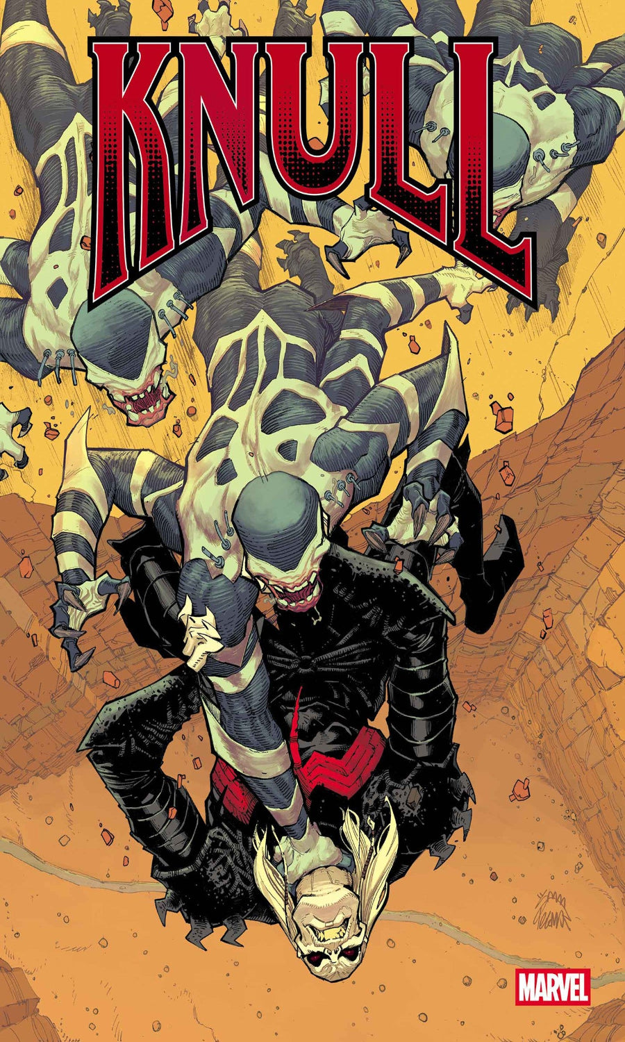Comic book cover featuring a character being attacked by a creature with 'Knull' and Marvel logos.