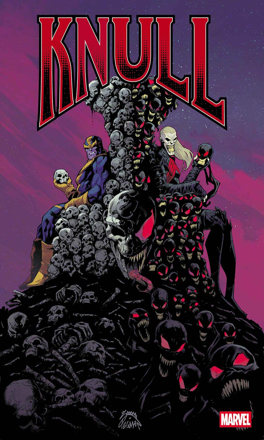 Comic book cover featuring a character on a throne made of skulls with 'Knull' and Marvel logos.