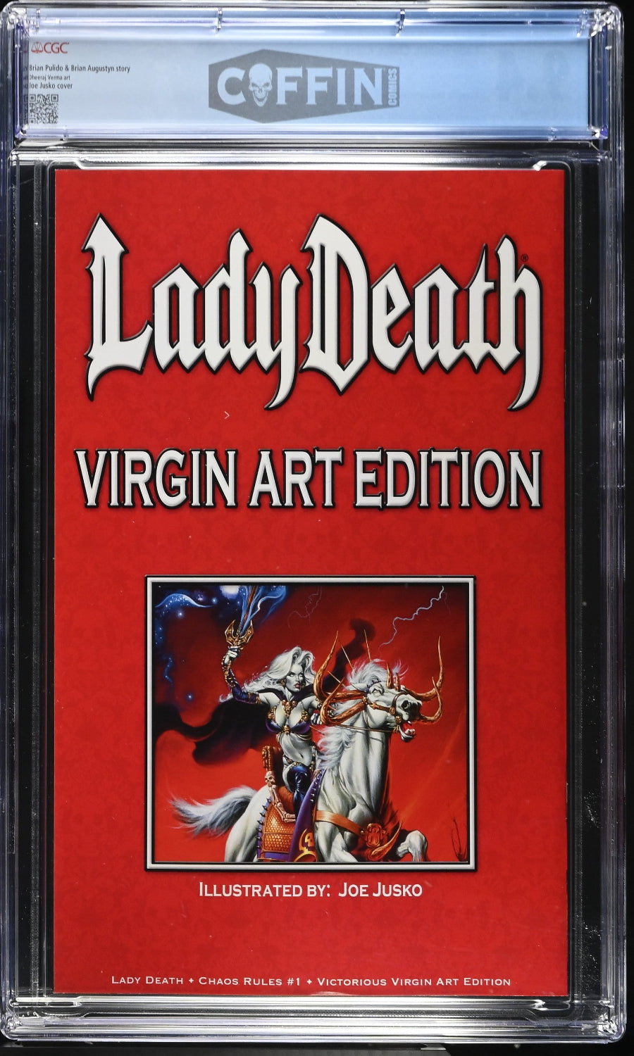 Comic book cover titled 'Lady Death Virgin Art Edition' with a red background and illustration of a character on horseback.