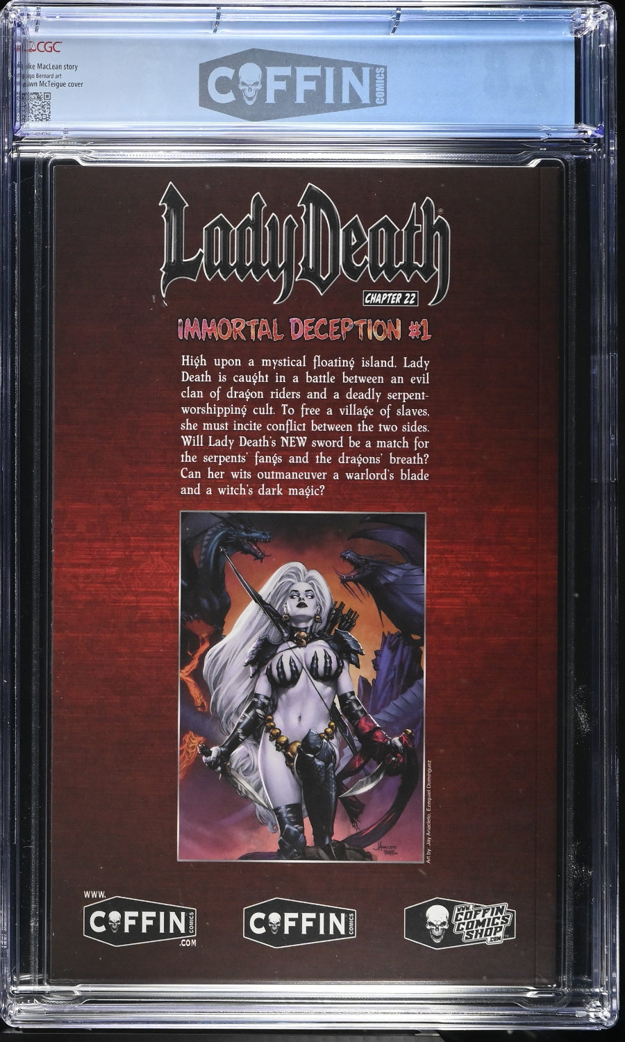 Comic book cover of 'Lady Death' with a character holding a sword on a red background, framed by a CGC grading sleeve.
