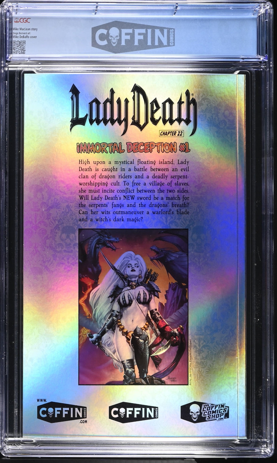 Comic book cover of 'Lady Death' with a colorful gradient and 'Coffini' branding.