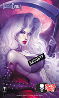 Cover of 'Lady Death' with a character holding an axe, labeled 'Naughty', against a purple and pink background.