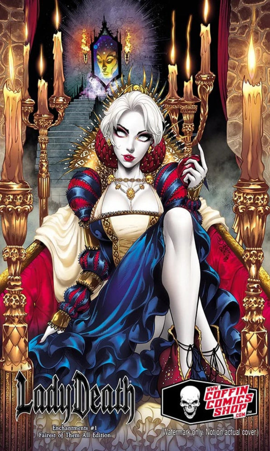 Illustration of a character in a regal pose with candles and ornate background, featuring 'Coffin Comics' branding.