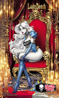 Character in blue outfit sitting on a throne with 'Lady Death' branding.
