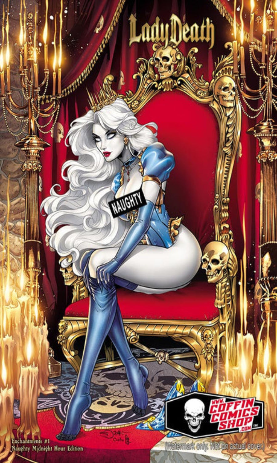 Character in blue outfit sitting on a throne with 'Lady Death' branding.