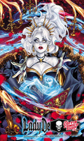 Comic book cover art for Lady Deuce, featuring a stylized illustration of a pale woman with long white hair, a gold crown, and a dark dress, surrounded by candles, red roses, and an open glowing book. The bottom includes the title 'Lady Deuce' and the 'Fatal Comics Shop' logo.
