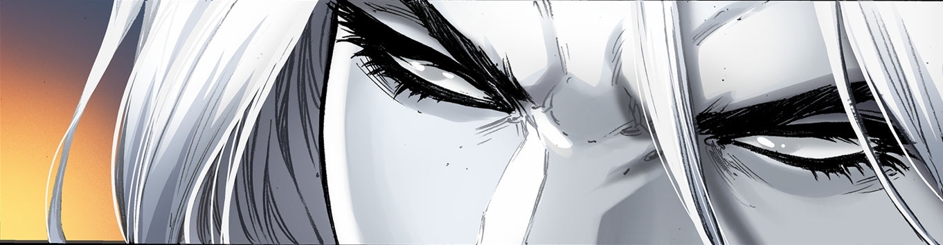 Close-up of a stylized character with long hair and serious expression against a gradient background