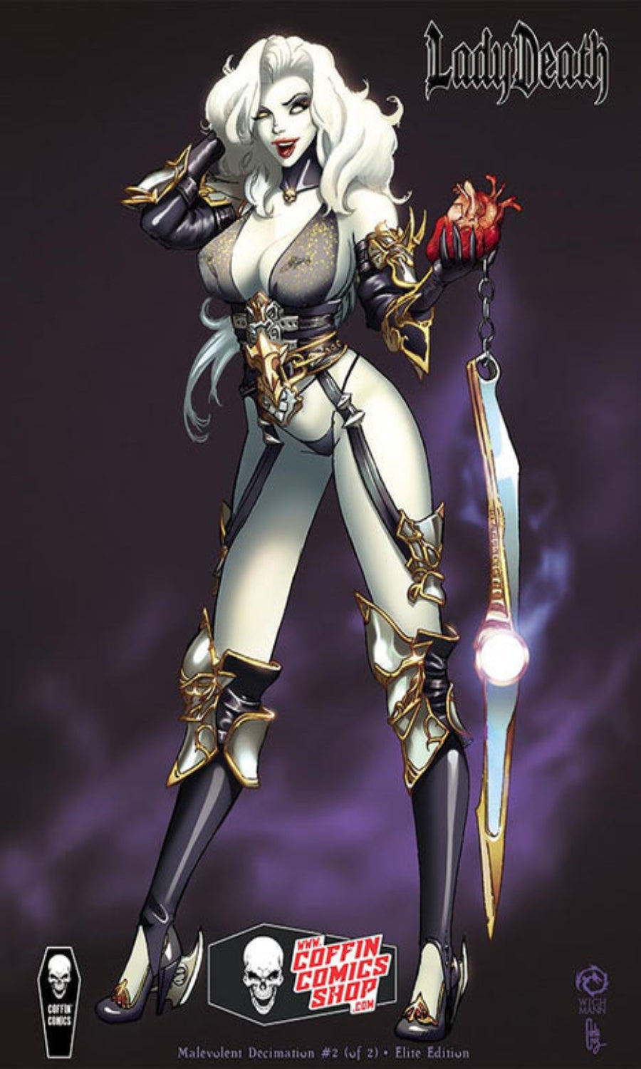 Comic book cover art for LadyDeath's Coffin Comic Show #2, featuring a stylized illustration of a pale white female character with long white hair, black and white bodysuit, gold armor details, and a glowing sword against a dark purple background.