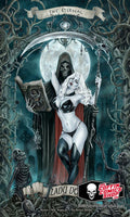 Gothic-themed artwork with a character holding a book and a woman in a red dress, surrounded by skeletons and dark elements.