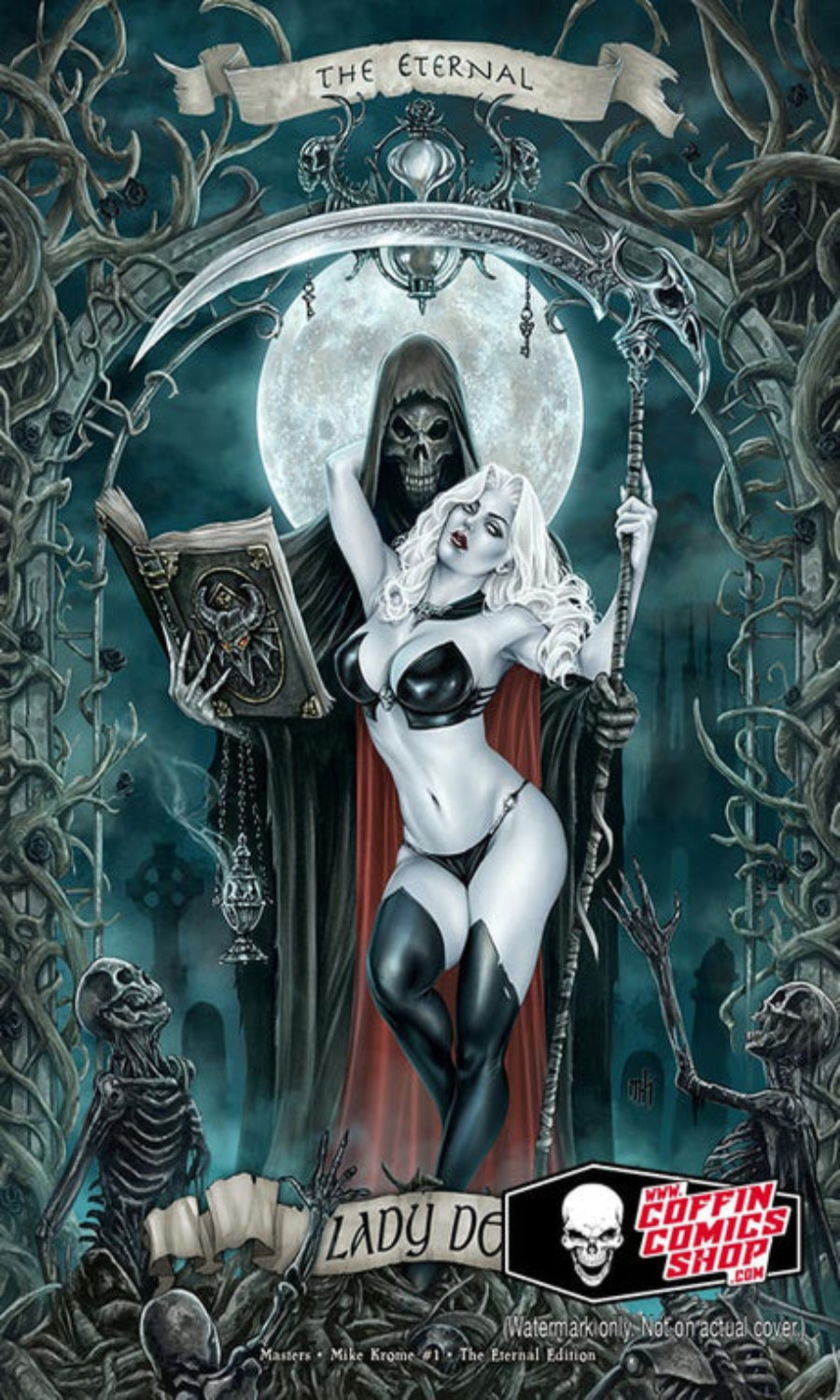 Gothic-themed artwork with a character holding a book and a woman in a red dress, surrounded by skeletons and dark elements.
