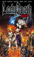 Comic book cover for Lady Death Rules! Volume 01, featuring a fantasy illustration of a white-haired woman in a black and white outfit with a purple cape, riding a white horse through flames while surrounded by wolves and a fiery cityscape. The title 'Lady Death Rules!' is displayed prominently at the top, with creator names across the upper edge and a black logo in the bottom right corner.