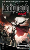 Comic book cover for Lady Death Rules! Volume 02, featuring a stylized illustration of the character with outstretched arms, skeletal figures below, and the title in large gothic lettering at the top.