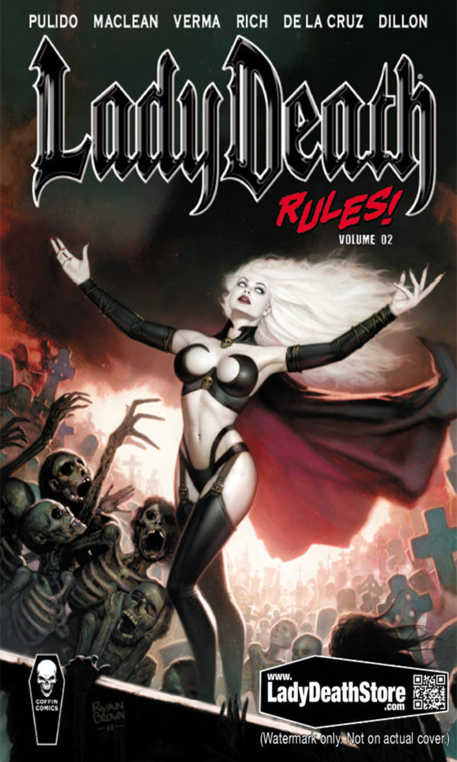 Comic book cover for Lady Death Rules! Volume 02, featuring a stylized illustration of the character with outstretched arms, skeletal figures below, and the title in large gothic lettering at the top.