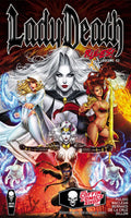 Comic book cover for Lady Death Rules! Volume 03, featuring multiple illustrated female superhero characters in dynamic poses against a fiery red and black background. The title 'Lady Death Rules!' appears at the top, with 'Volume 03' on the right.