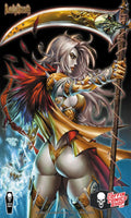 Comic book cover art for Lady Heart's 'Flesh Eater' #2, featuring a stylized illustration of a female warrior with long white hair, a large scythe, and a red feathered headdress against a dark background with blue energy effects. The 'Lady Heart' brand logo appears at the top left, and the 'Hotlin Comics Show' logo is at the bottom right.