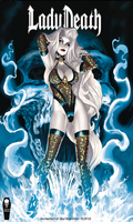 Comic book cover art for Lady Death, featuring a stylized illustrated female figure with long white hair, a black bodysuit with gold patterning, and blue patterned thigh-high boots, surrounded by icy blue smoke against a dark background. The title 'Lady Death' appears at the top.