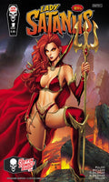 Comic book cover for Lady Satanus #1, featuring illustrated artwork of a red-haired female figure in a red and gold costume holding a trident, with the title 'Lady Satanus' at the top and publisher logos including Coffin Comics Shop at the bottom.