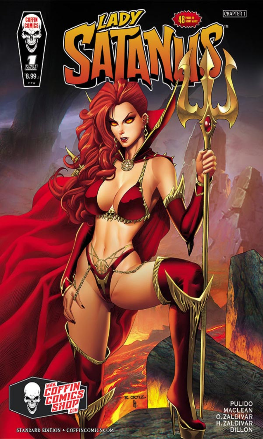 Comic book cover for Lady Satanus #1, featuring illustrated artwork of a red-haired female figure in a red and gold costume holding a trident, with the title 'Lady Satanus' at the top and publisher logos including Coffin Comics Shop at the bottom.