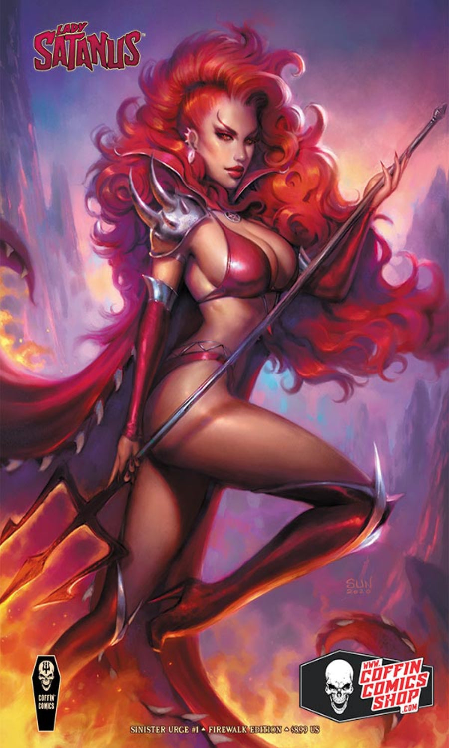 Comic book cover art for The Satanic Series Issue #2 featuring a stylized illustration of a red-haired female warrior holding a spear, with fiery orange and purple tones throughout the artwork. The title 'The Satanic Series' is visible at the top, and the Griffin Comics Show logo appears at the bottom right.