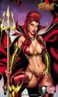 Comic book cover art for 'Lancer of Satanilus' featuring a red-haired female warrior in a red and gold costume holding a trident, with a purple starry background and Devil May Cry Comics branding.