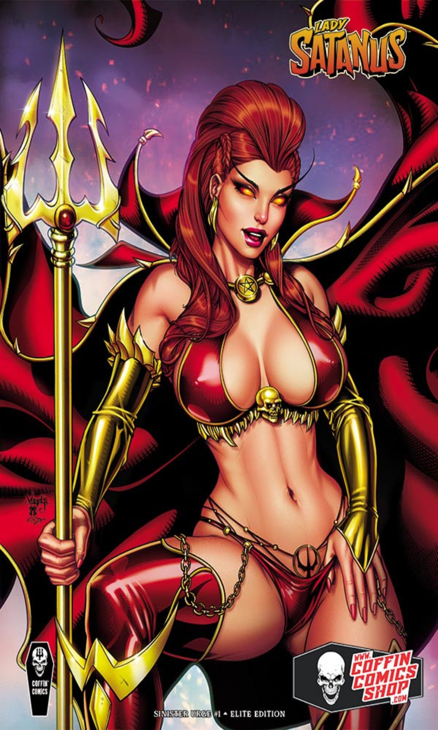 Comic book cover art for 'Lancer of Satanilus' featuring a red-haired female warrior in a red and gold costume holding a trident, with a purple starry background and Devil May Cry Comics branding.