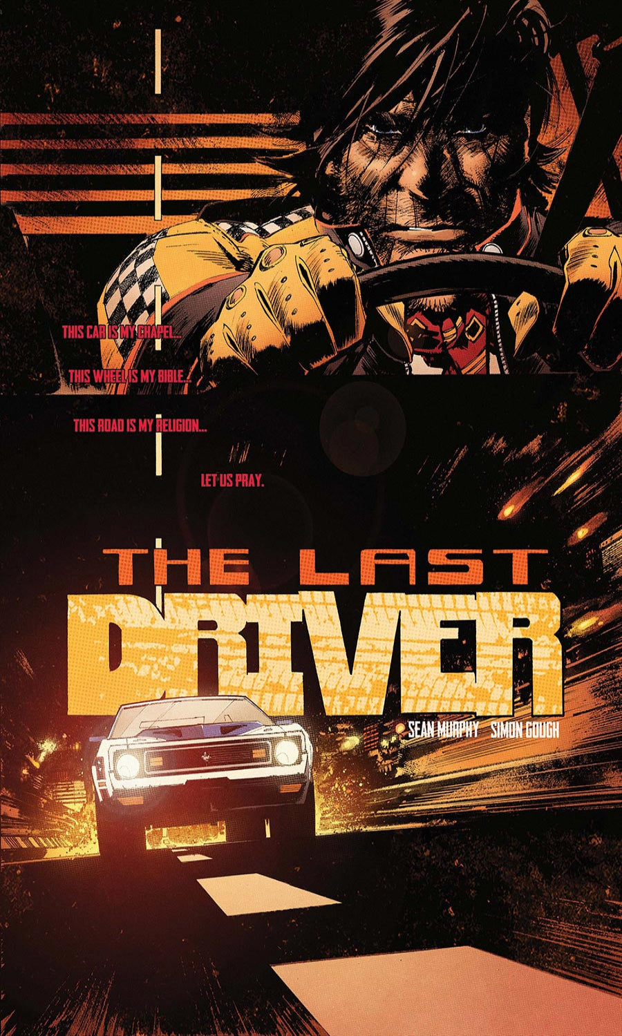 Movie poster for 'The Last Driver' featuring a driver with checkered gloves and a car.