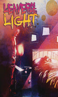 Poster with a person holding a knife and text 'Leave on the Light' in a dark, suspenseful setting.