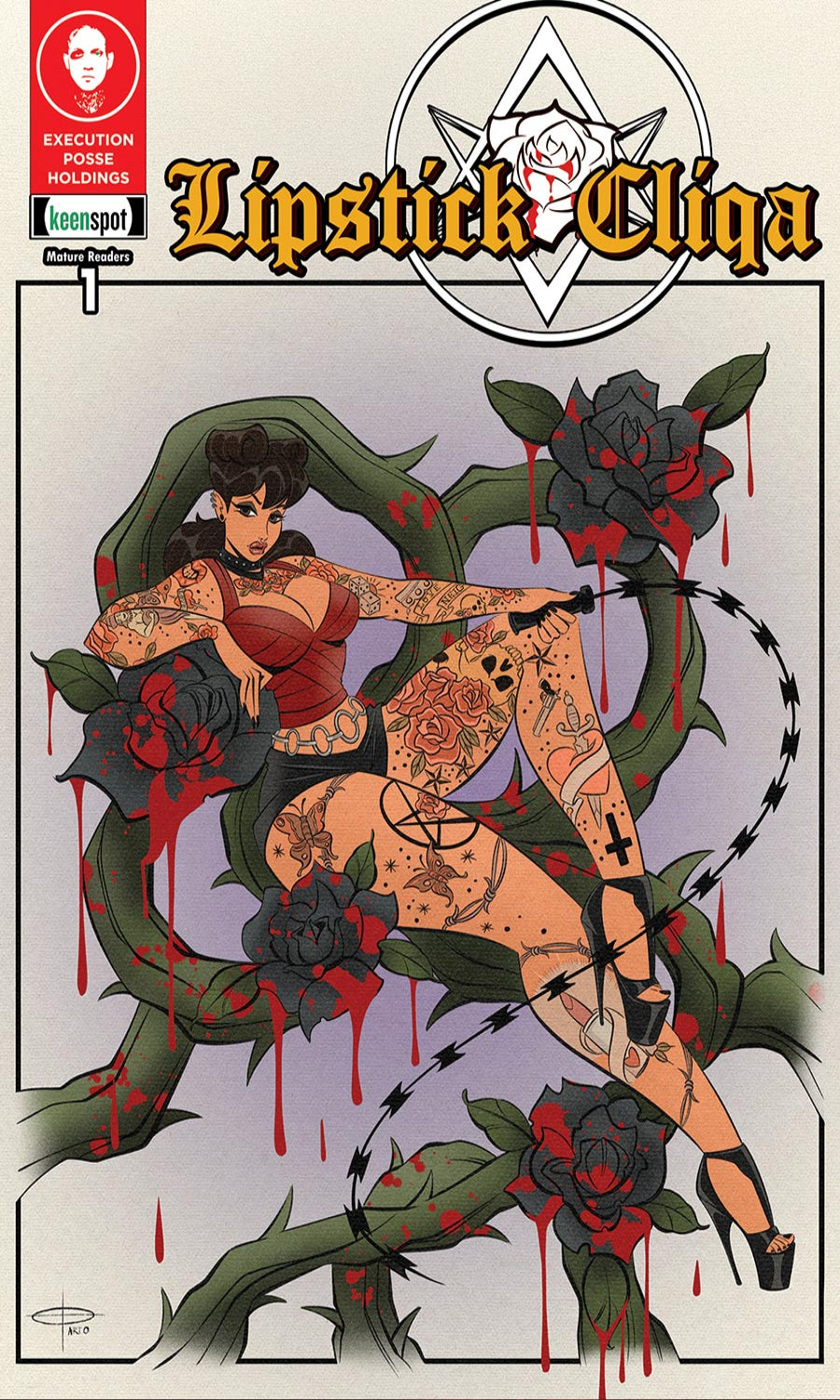 Comic book cover featuring a tattooed woman with roses and a pentagram symbol.