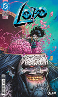 Comic book cover featuring a character with a large brain and a menacing figure, with 'Lobo' branding.