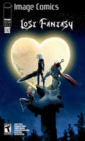 Comic book cover for Image Comics' 'Lost Fantasy' issue 11, featuring illustrated characters standing on a cliff edge in front of a giant glowing moon that forms a heart shape in a starry night sky.
