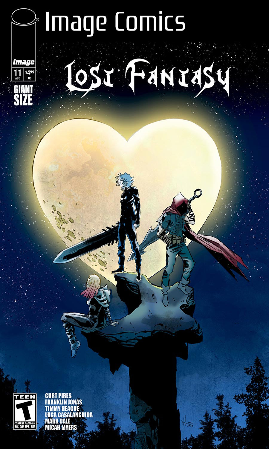 Comic book cover for Image Comics' 'Lost Fantasy' issue 11, featuring illustrated characters standing on a cliff edge in front of a giant glowing moon that forms a heart shape in a starry night sky.