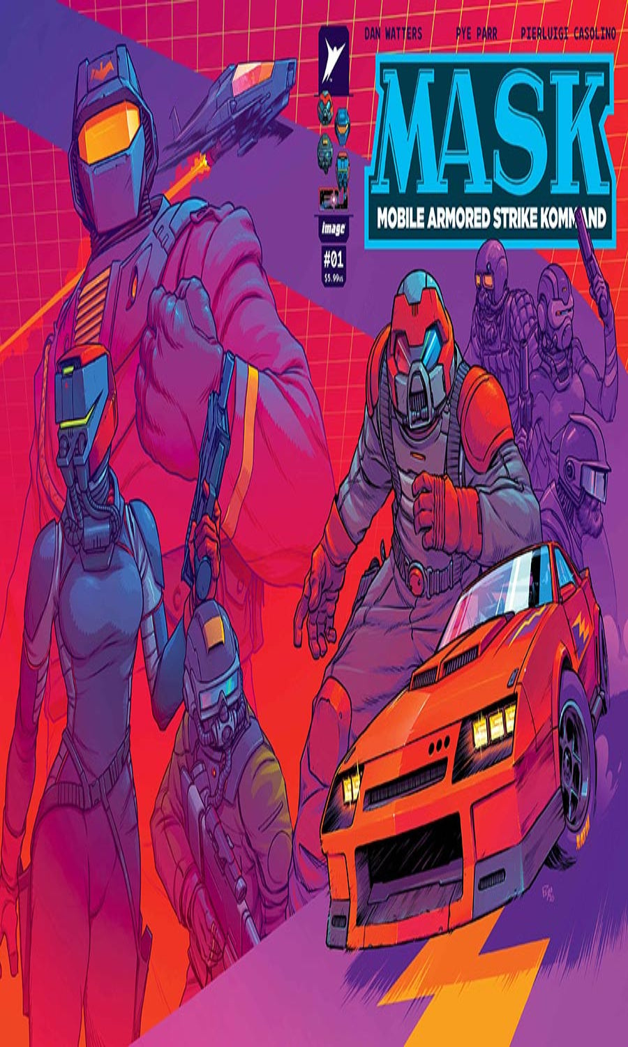 Comic book cover of 'MASK: Mobile Armored Strike Kommand' with characters and vehicle on a colorful background.