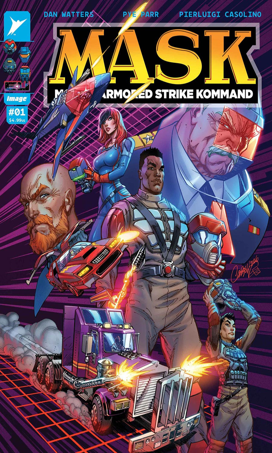 Comic book cover featuring characters from 'MASK Armored Strike Kommand' with a retro-futuristic design.