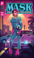 Comic book cover featuring a character in a futuristic suit with a cityscape background