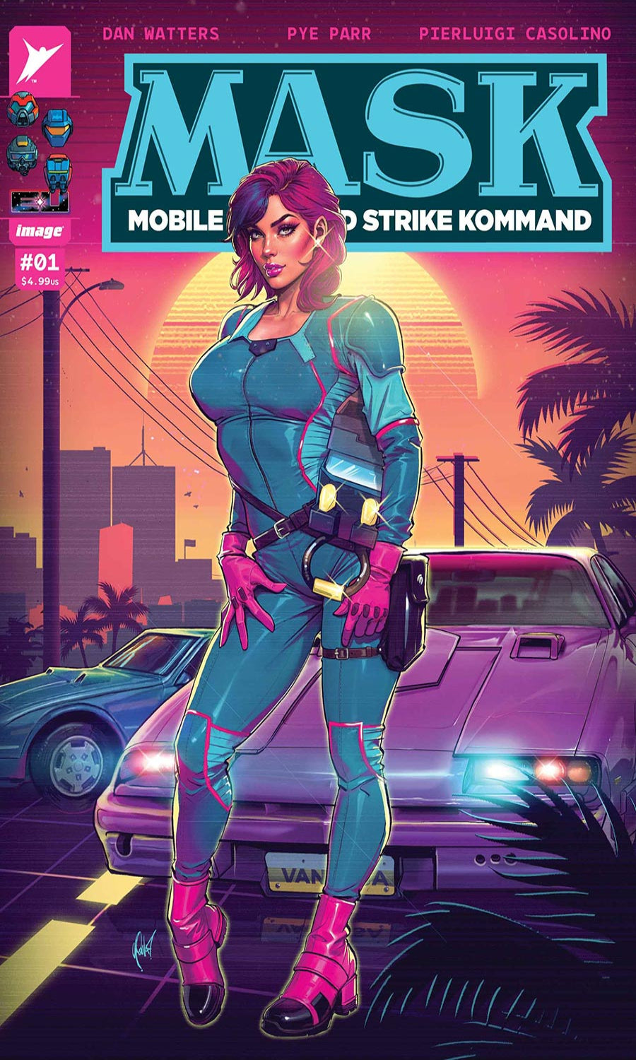 Comic book cover featuring a character in a futuristic suit with a cityscape background