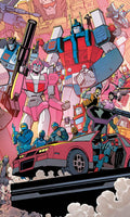 Illustration of Transformers characters in a dynamic pose with a colorful background