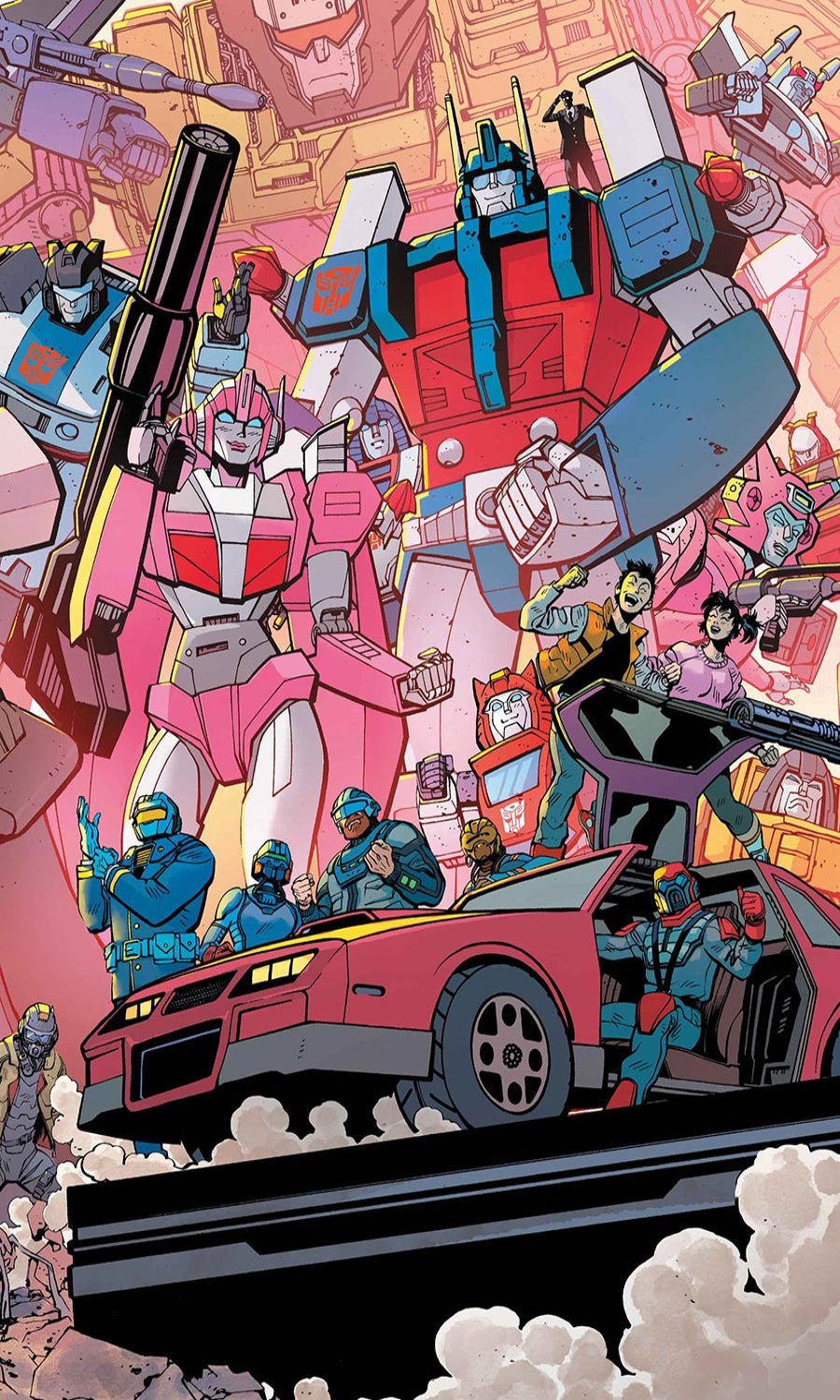 Illustration of Transformers characters in a dynamic pose with a colorful background