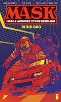 Comic book cover featuring a character in a red suit with 'MASK' branding and a car.