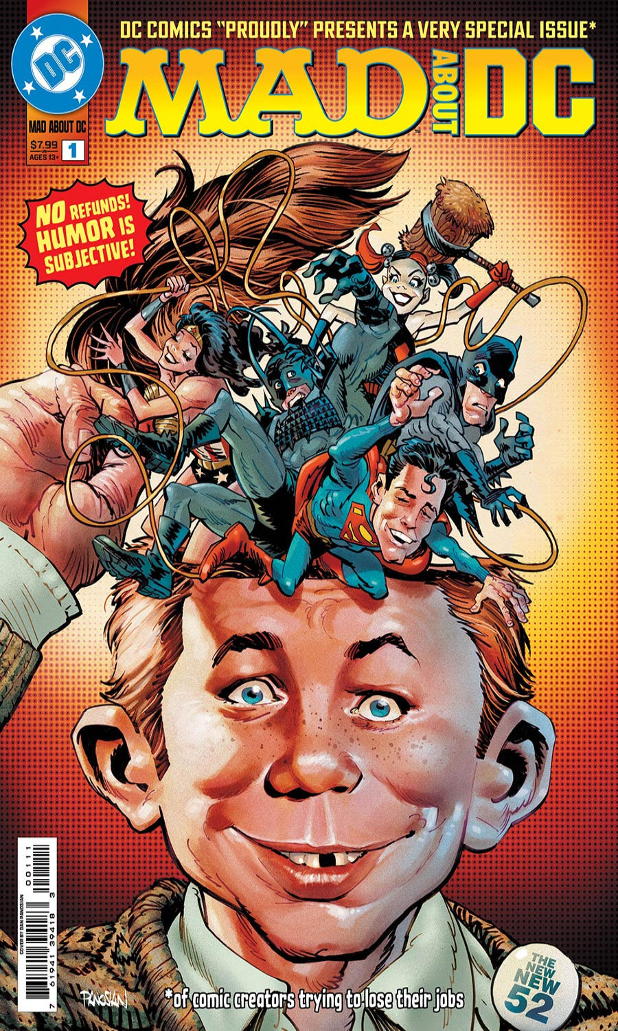 Comic book cover featuring a stylized illustration of a boy with superhero characters on his head, with 'Mad' and 'DC' branding.
