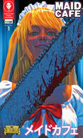 Comic book cover of 'Maid Cafe' with a character in a maid outfit holding a chainsaw.