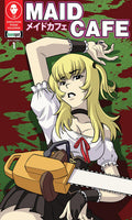 Comic book cover of 'Maid Cafe' with a character holding a chainsaw on a red and green background.