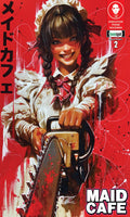 Comic book cover with a character in a maid outfit holding a chainsaw against a red background.