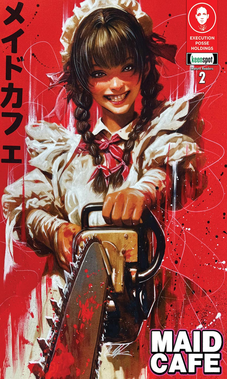Comic book cover with a character in a maid outfit holding a chainsaw against a red background.