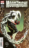 Comic book cover featuring a superhero in a cityscape with 'Moon Knight' branding.