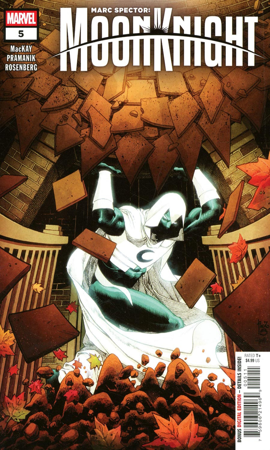 Comic book cover featuring a character in a dynamic pose with autumn leaves and a broken wall.