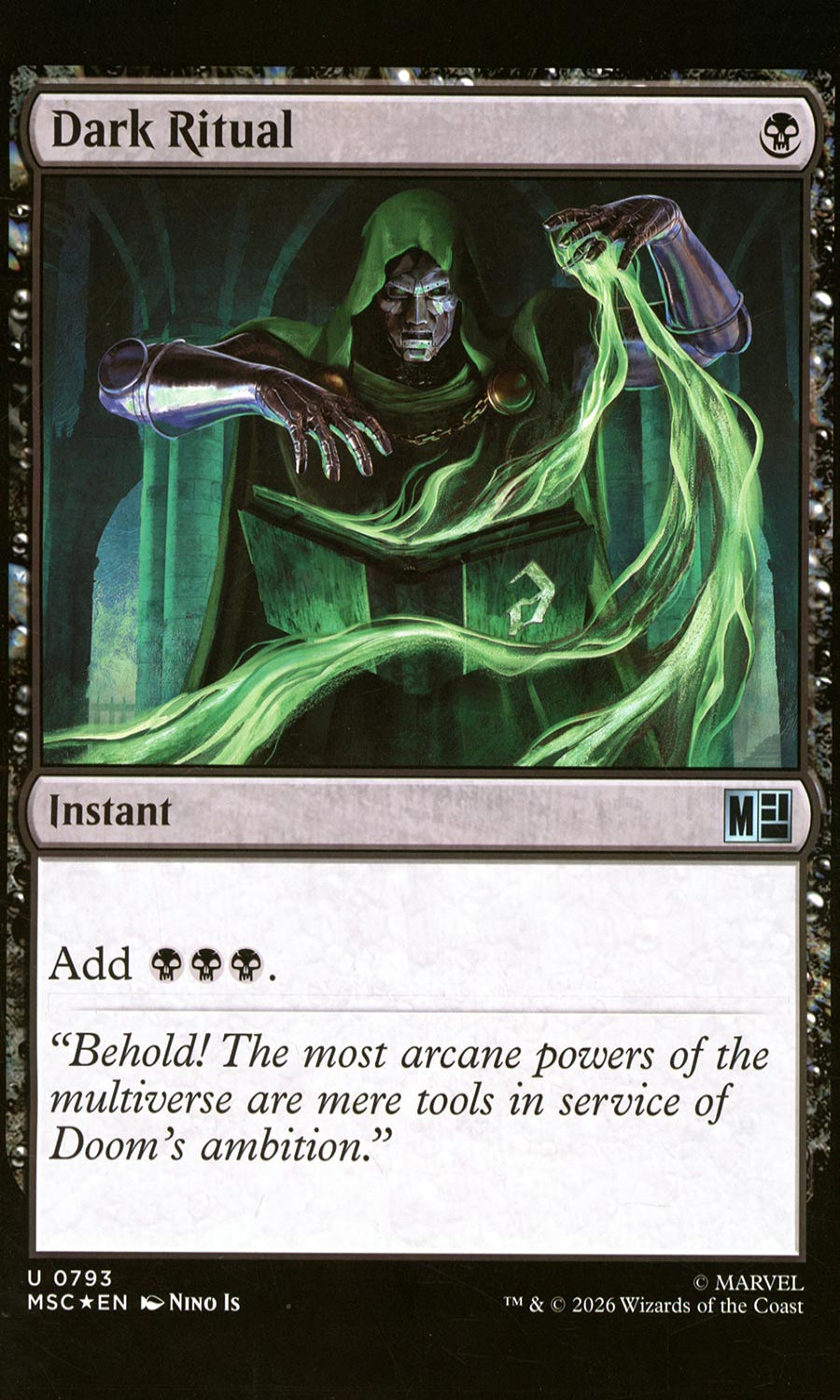Trading card featuring a character in a green robe with a dark background