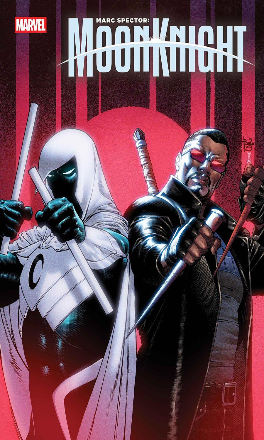 Marvel's Moon Knight comic book cover art featuring Marc Spector in his white hooded costume with a staff and a second figure in black with red eyes and a staff, set against a dark red and black background with the title 'Moon Knight' at the top.