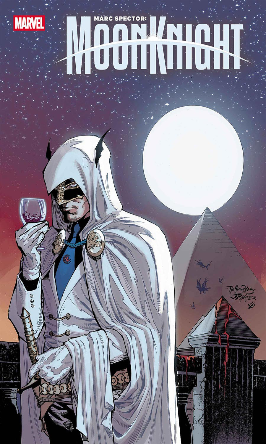 Comic book cover featuring a character in a white robe with a full moon and pyramid in the background, Marvel logo visible.
